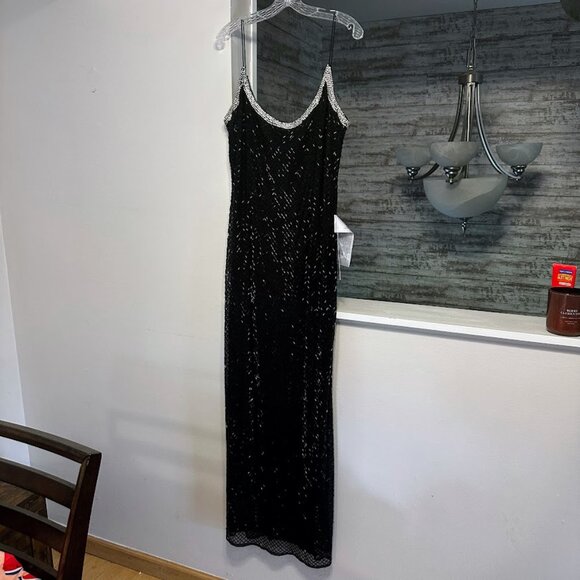 NWT Mac Duggal Black Beaded Spaghetti Strap Gown Sz 14 Formal Evening Dress - Picture 5 of 16